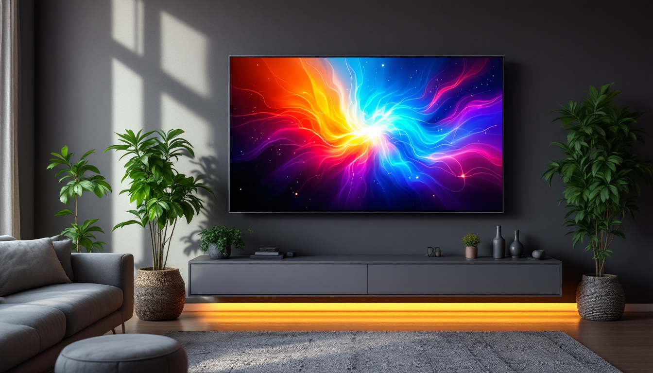A photograph of a sleek touch screen television displaying vibrant led visuals in a modern living room setting
