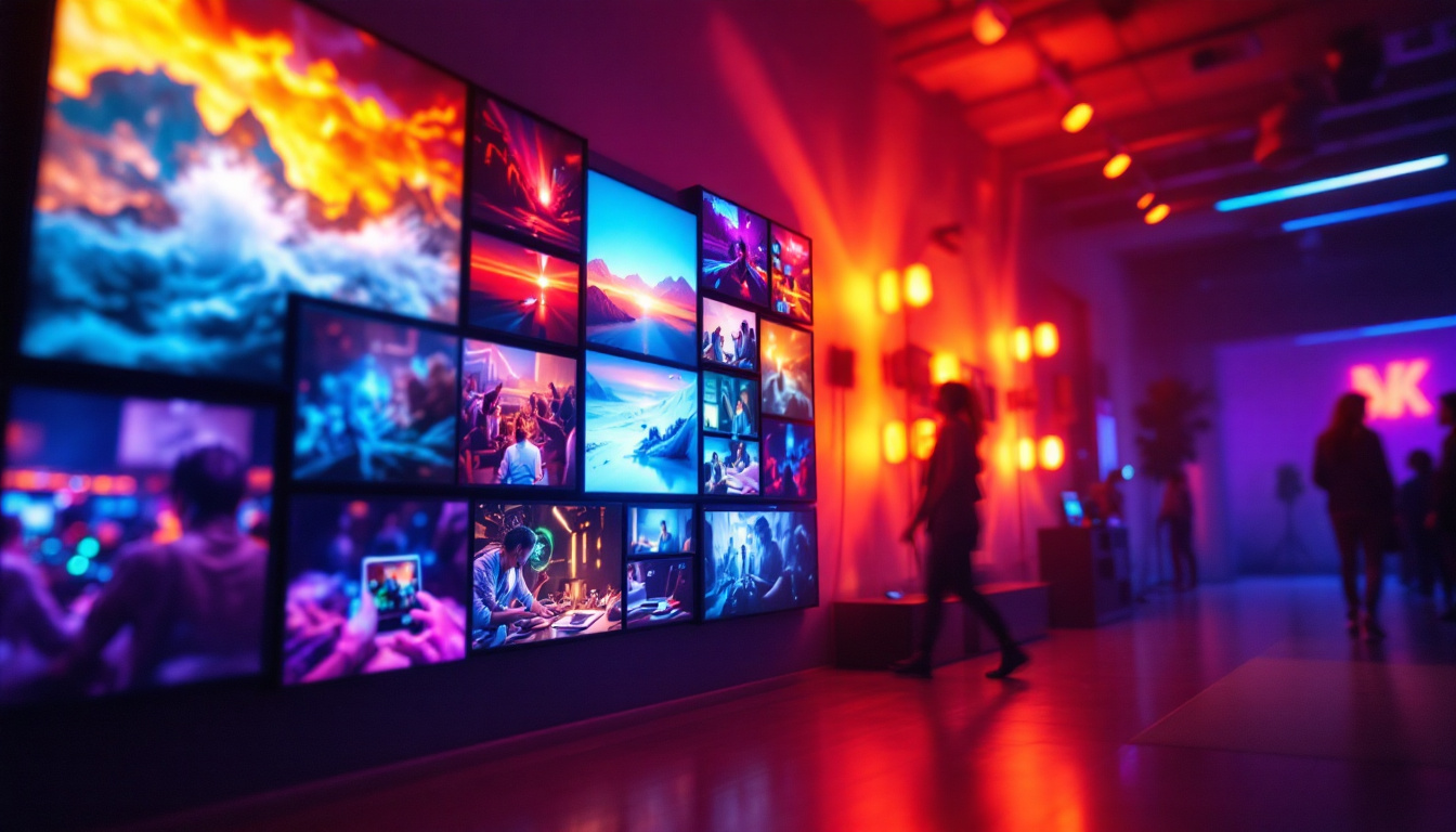 A photograph of a vibrant multi-screen led display setup in a dynamic environment