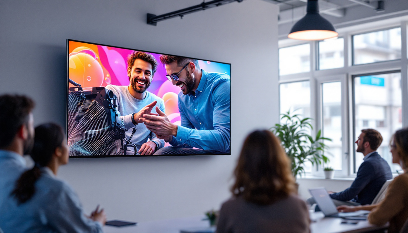 A photograph of a commercial setting featuring a high-quality led display projector screen in use