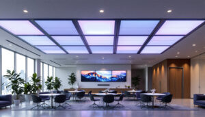 A photograph of capture a photograph of a modern interior space featuring 12x12 surface mount ceiling tiles with integrated led displays