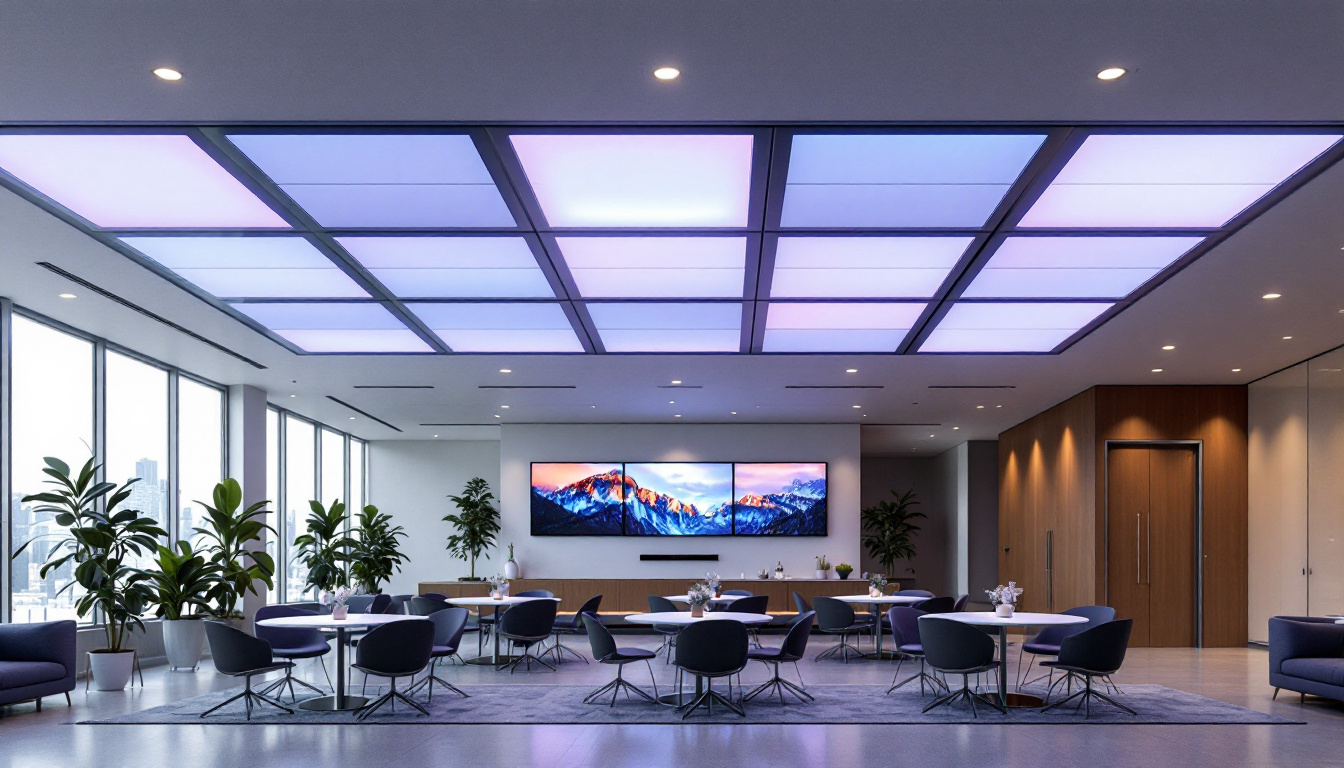 A photograph of capture a photograph of a modern interior space featuring 12x12 surface mount ceiling tiles with integrated led displays