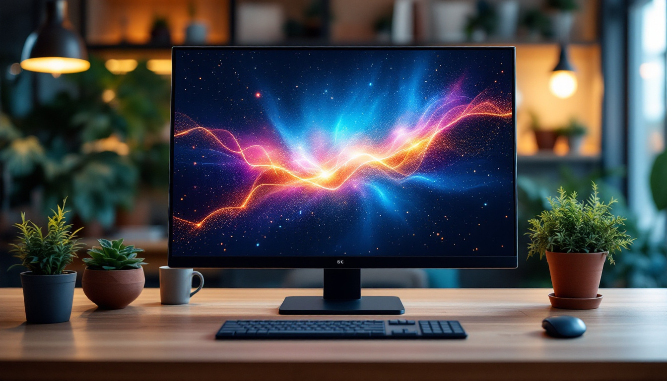 A photograph of a sleek touch screen lcd monitor displaying vibrant led graphics