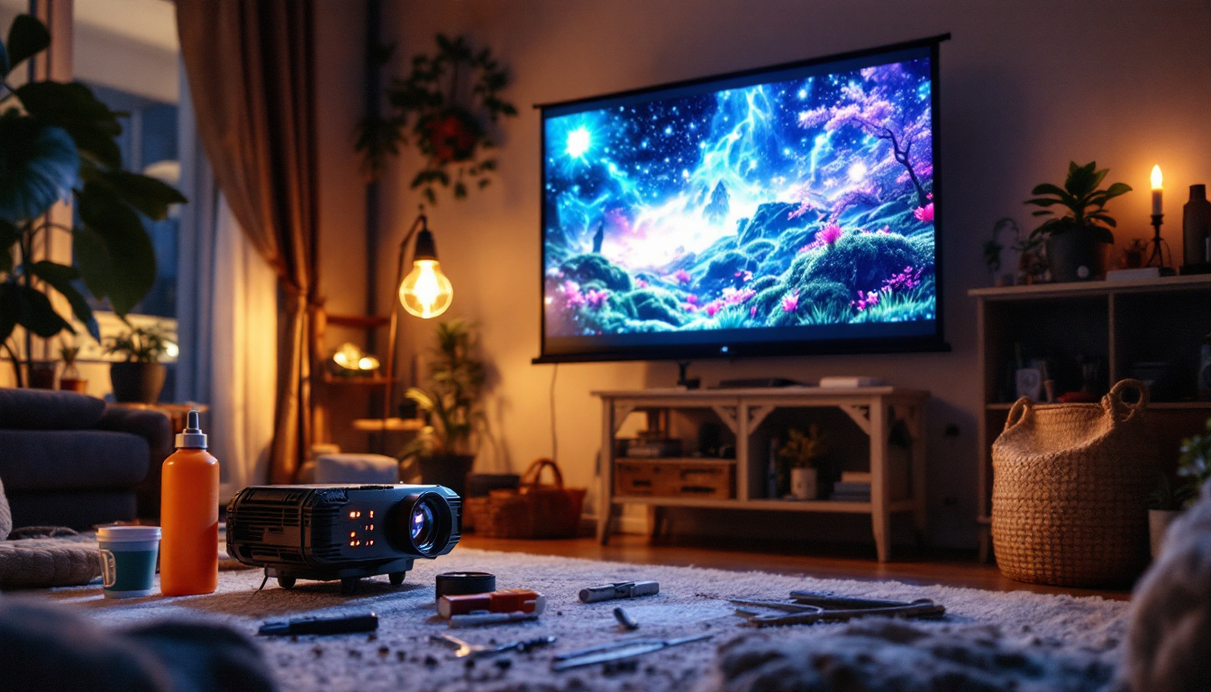 A photograph of a diy projector setup in a cozy home environment