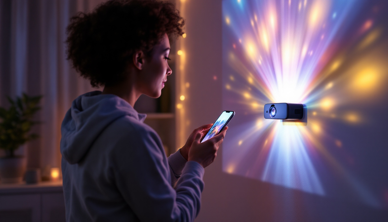 A photograph of a compact led projector in use