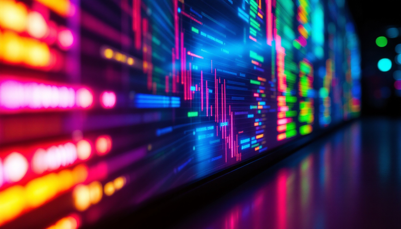 A photograph of a vibrant led display showcasing dynamic colors and patterns in a dark environment