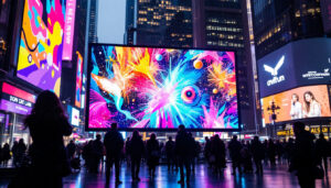 A photograph of a vibrant led display in a bustling urban environment