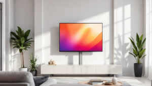 A photograph of a sleek flat screen tv mounted on a modern pole stand in a stylish living room setting