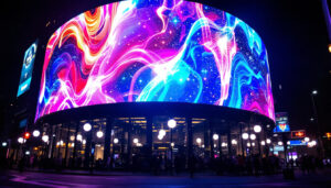 A photograph of a vibrant led display showcasing dynamic visuals and colors