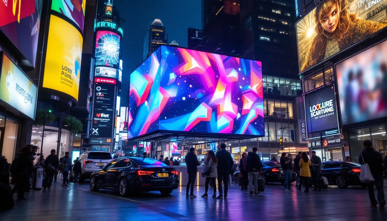 A photograph of a vibrant led display in a dynamic urban setting