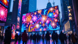 A photograph of a vibrant led display in a dynamic urban setting