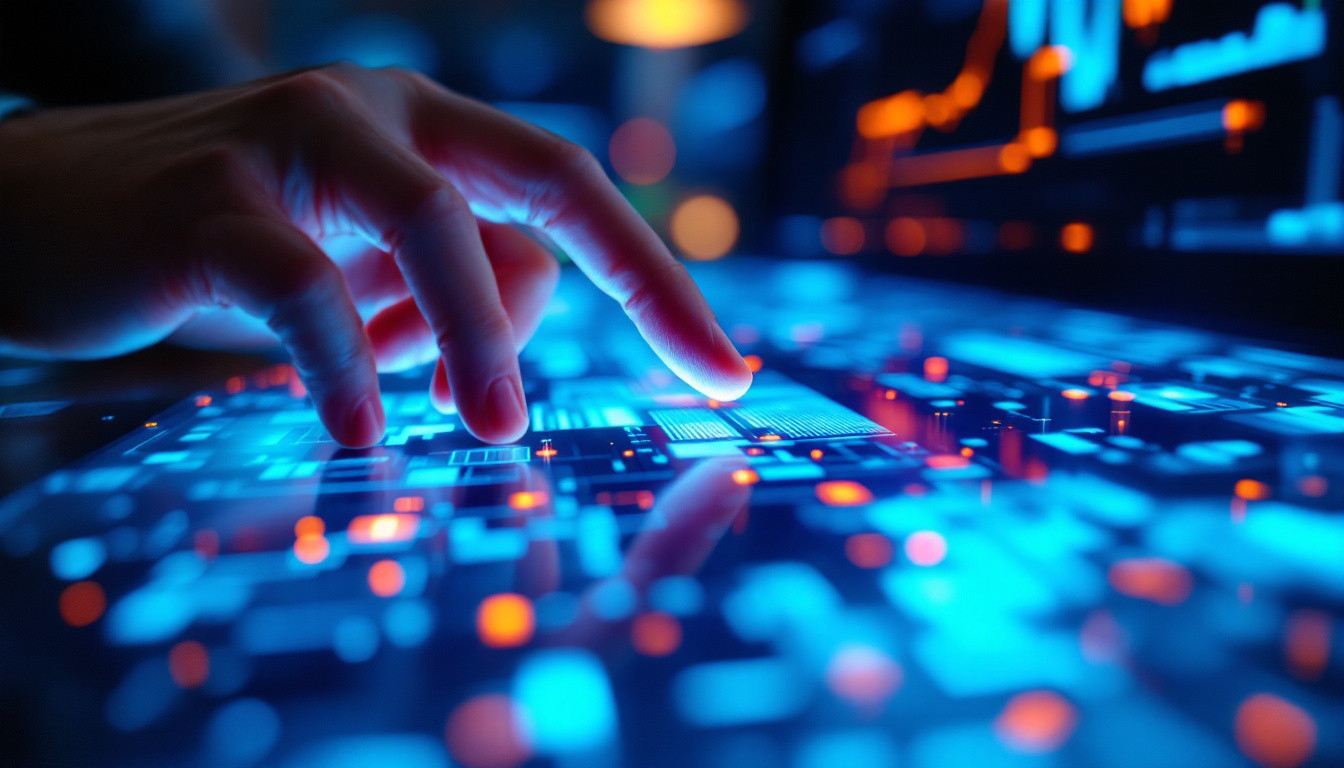 A photograph of a close-up shot of a vibrant touchscreen led display in use