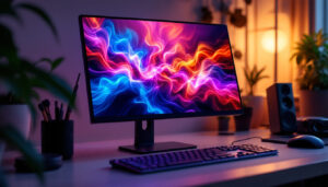 A photograph of a compact led monitor displaying vibrant visuals