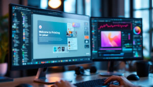 A photograph of a dual monitor setup displaying a vibrant and visually engaging screenshot