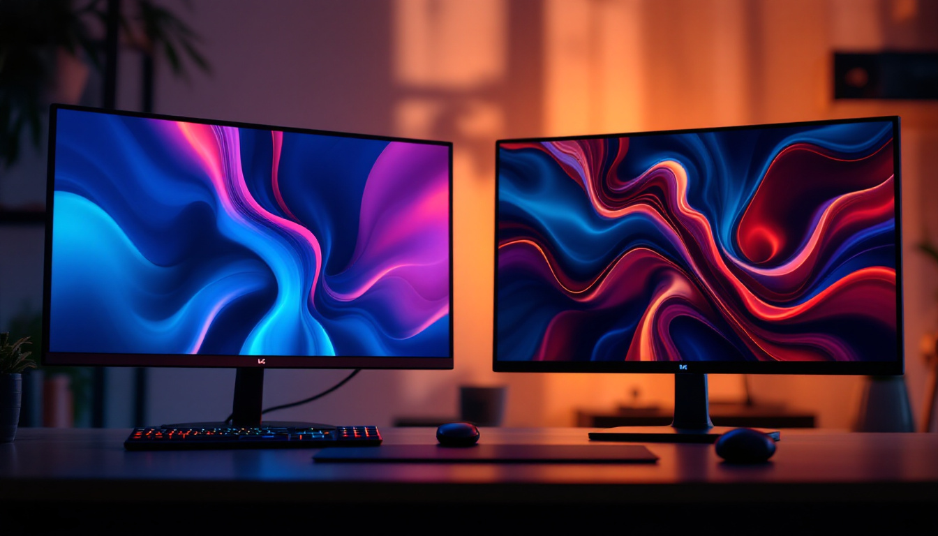 A photograph of a side-by-side comparison of an lcd monitor and an led monitor