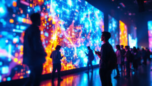 A photograph of a vibrant led display in a dynamic setting
