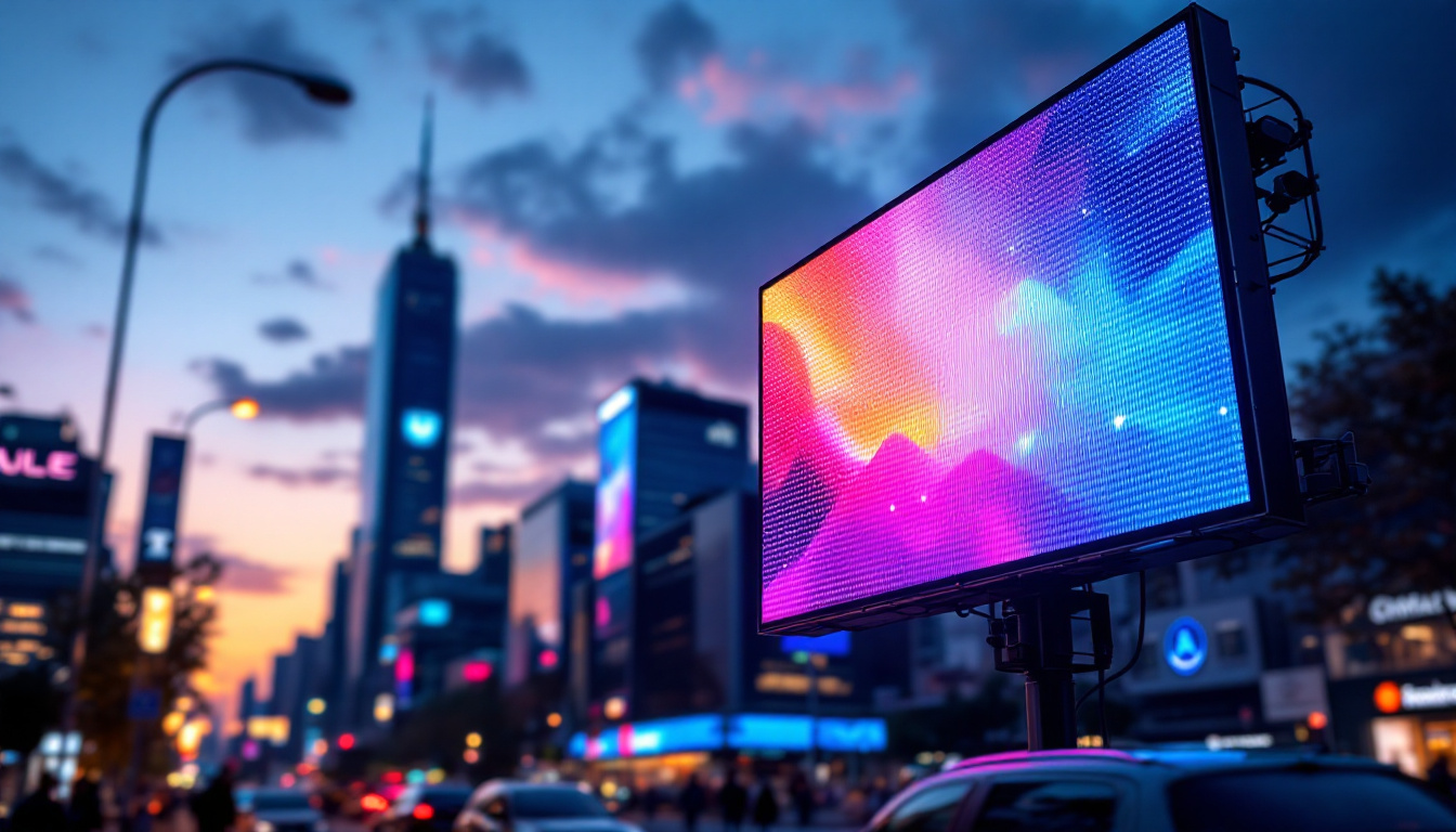 A photograph of a vibrant led display in an urban setting at dusk