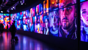 A photograph of a vibrant portrait wall featuring a variety of led displays showcasing dynamic visuals and diverse portraits