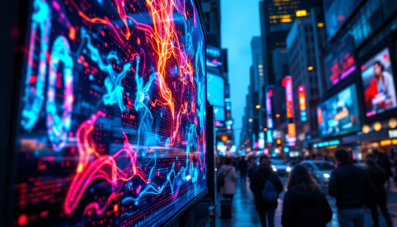 A photograph of a vibrant led display in a bustling urban environment