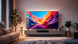 A photograph of a sleek 85-inch led tv displayed in a modern living room setting