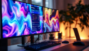 A photograph of a dual-monitor setup featuring a vibrant led display