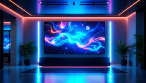 A photograph of a modern interior featuring a striking led display integrated into the back wall