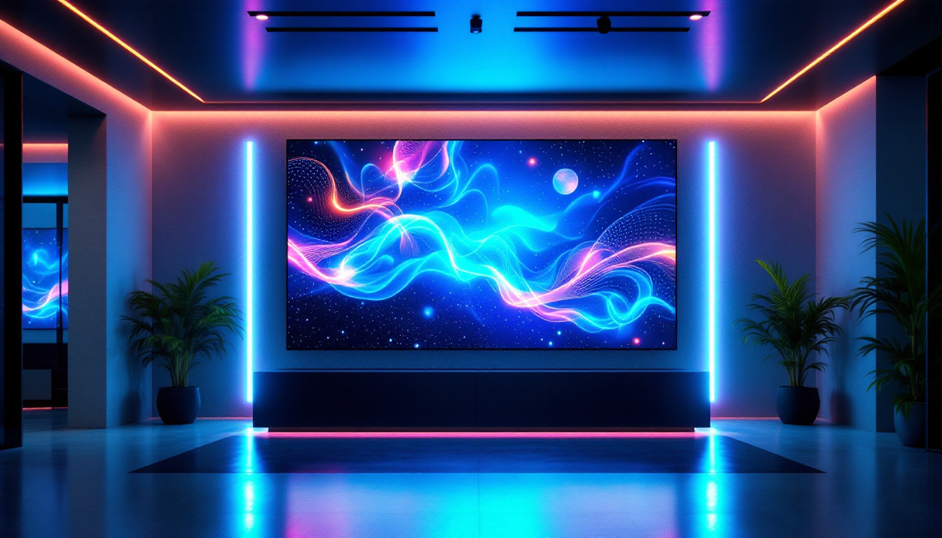 A photograph of a modern interior featuring a striking led display integrated into the back wall