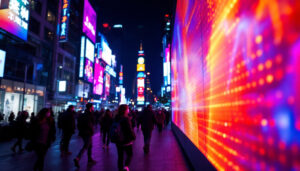 A photograph of a vibrant led display in an urban setting