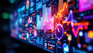 A photograph of a close-up view of a vibrant touch screen led display in action