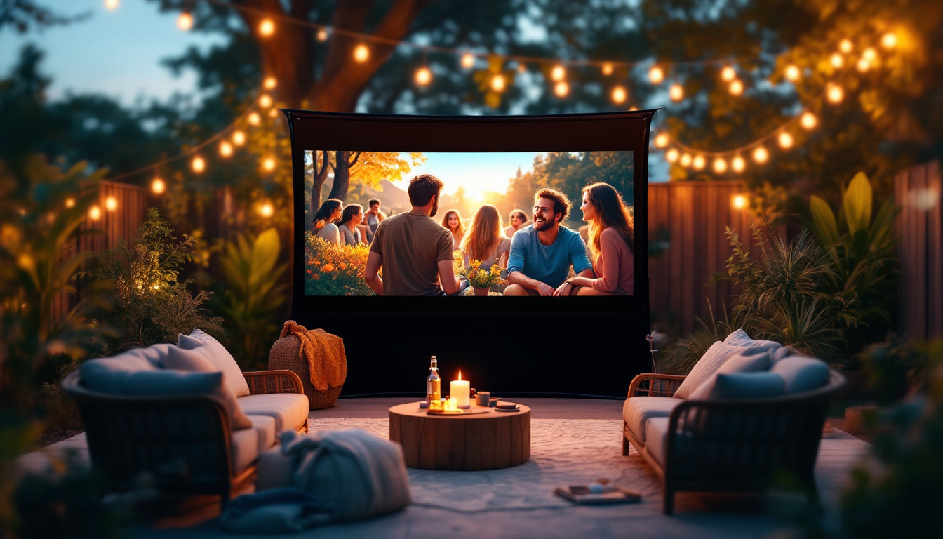A photograph of a vibrant indoor-outdoor projector screen setup