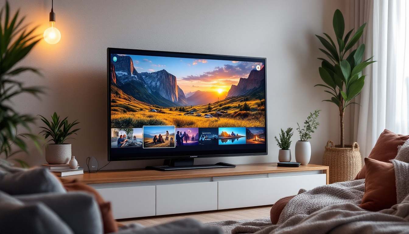 A photograph of capture a photograph of a sleek 32-inch portable led tv set up in a cozy living space