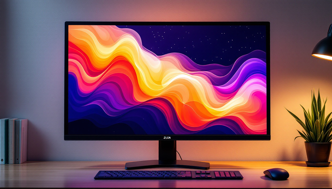 A photograph of a sleek 24-inch led computer monitor displaying vibrant colors and sharp graphics