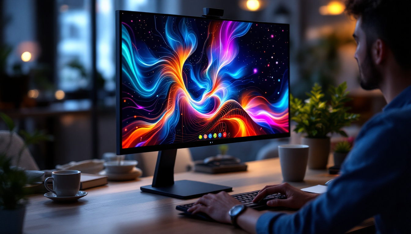 A photograph of a person using a vibrant led display to share their screen during a virtual meeting