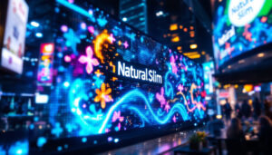 A photograph of capture a photograph of a vibrant led display showcasing the natural slim brand in a bustling california setting