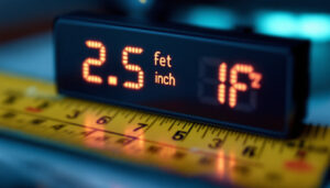 A photograph of a close-up shot of a digital led display showing the measurement conversion from 2.5 feet to inches