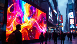 A photograph of a vibrant led display showcasing a dynamic video pitch change