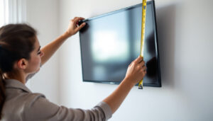 A photograph of a person measuring a wall with a tape measure while holding a flat-screen led tv