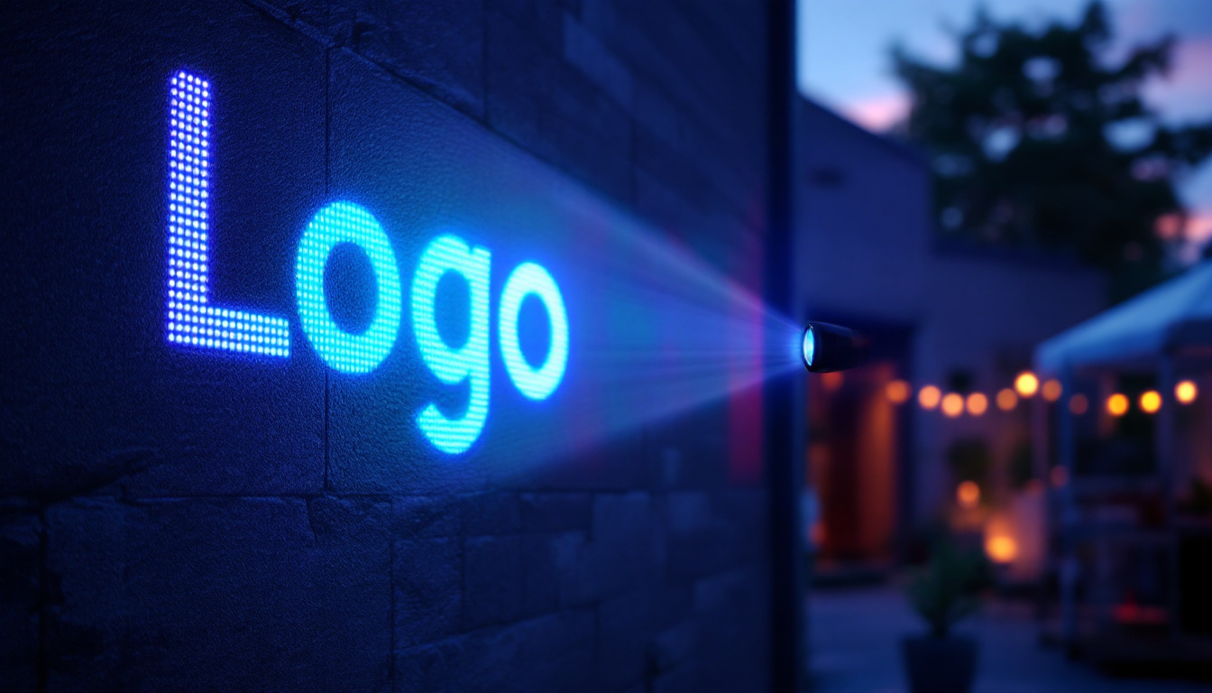 A photograph of capture a photograph of an outdoor scene featuring a vibrant led logo projector in action