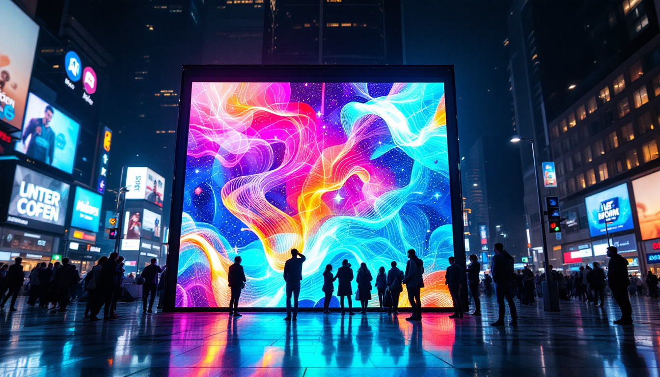 A photograph of a vibrant led display in a bustling urban environment
