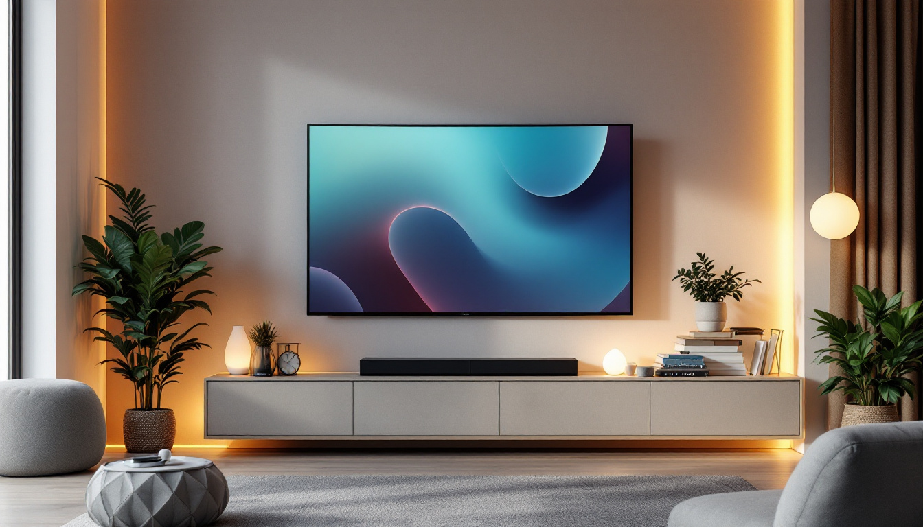 A photograph of capture a photograph of a stylishly mounted curved led tv on a wall in a modern living room setting