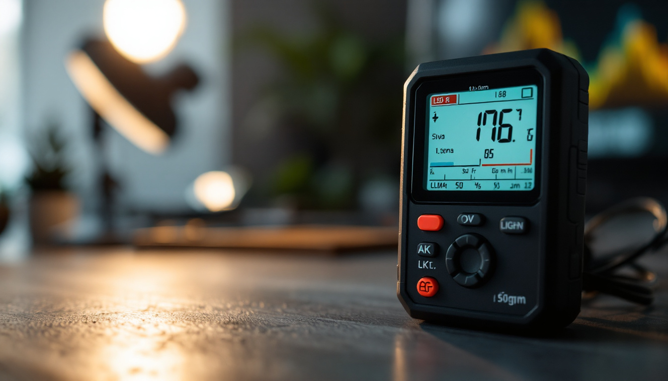 A photograph of a close-up view of a light meter with an led display in use