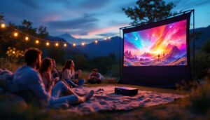 A photograph of a portable outdoor projector screen set up in a scenic outdoor environment