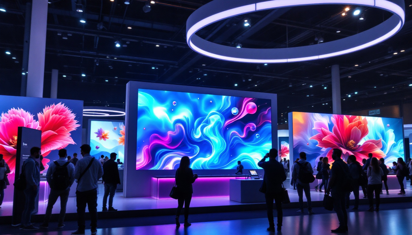 A photograph of a vibrant vendor booth featuring sleek led display walls