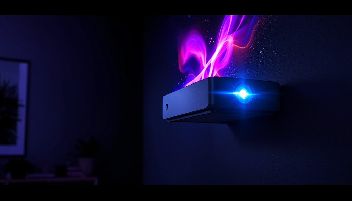 A photograph of a sleek led projector mounted on a black wall