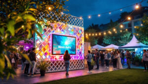 A photograph of a vibrant outdoor scene featuring a 6-foot lattice panel integrated with a dynamic led display