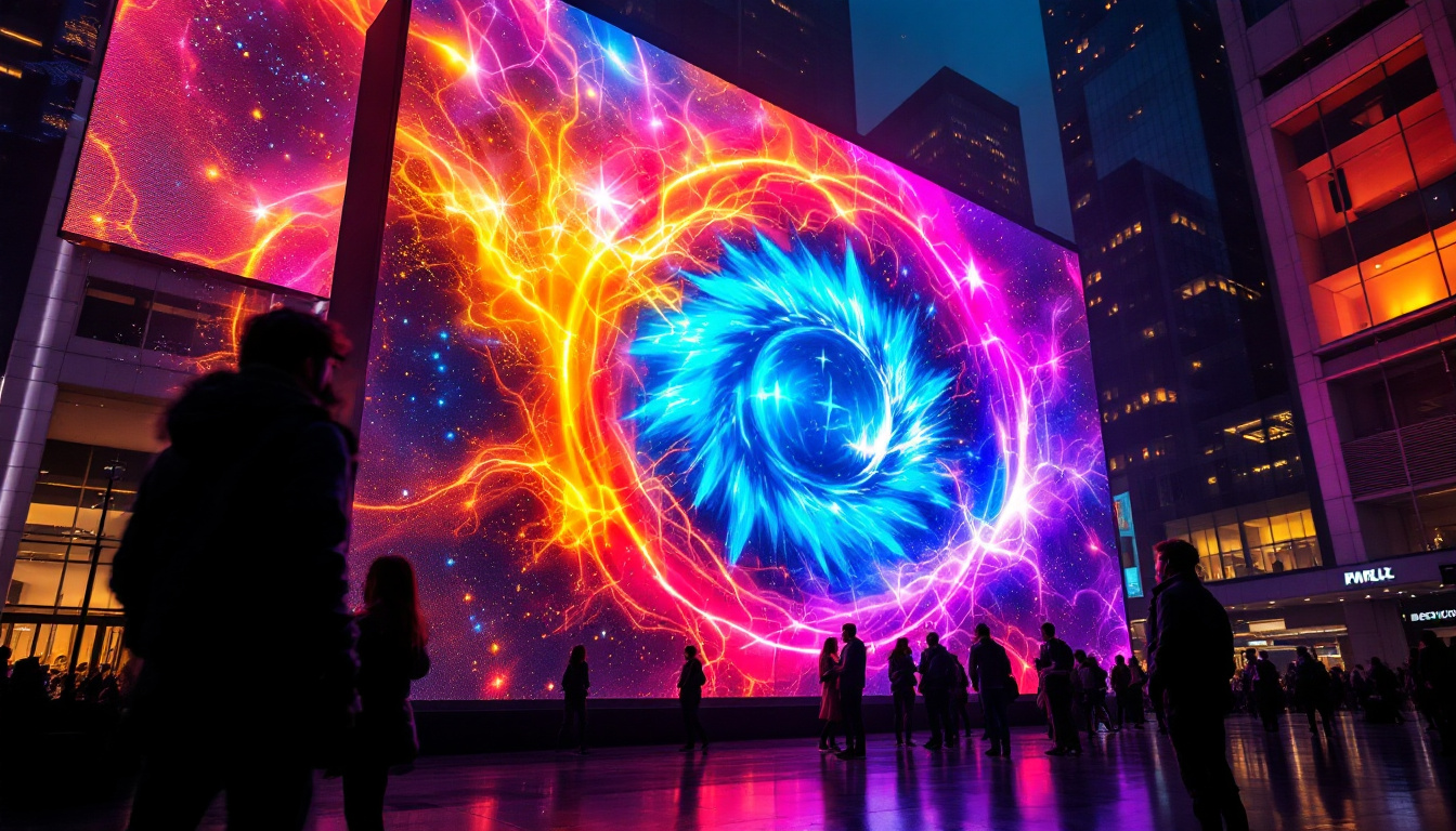 A photograph of a vibrant led display showcasing dynamic visuals in an urban setting