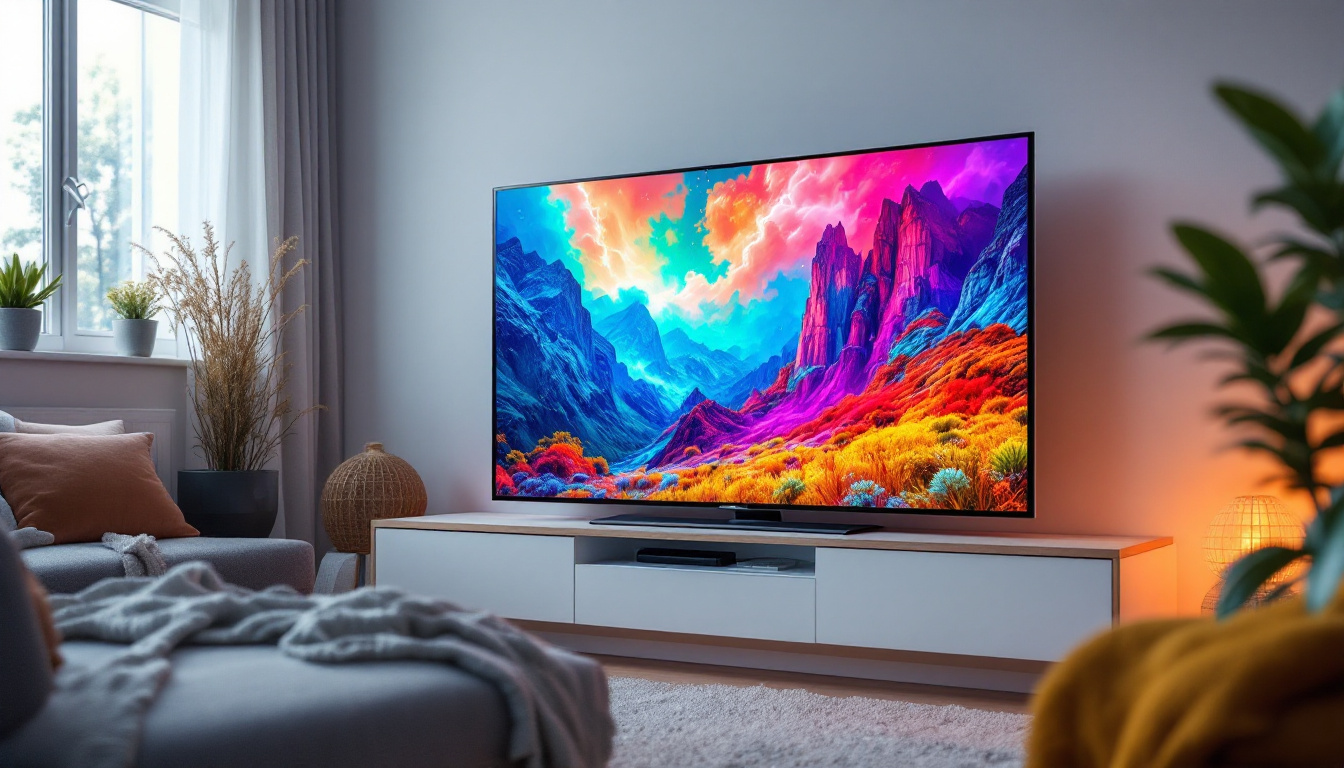 A photograph of a compact led smart tv displaying vibrant visuals in a cozy living room setting