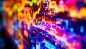 A photograph of a close-up of a vibrant led display screen showcasing colorful graphics or interactive touch features