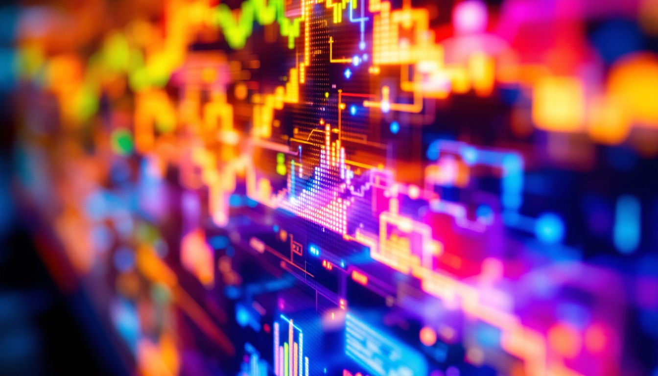 A photograph of a close-up of a vibrant led display screen showcasing colorful graphics or interactive touch features