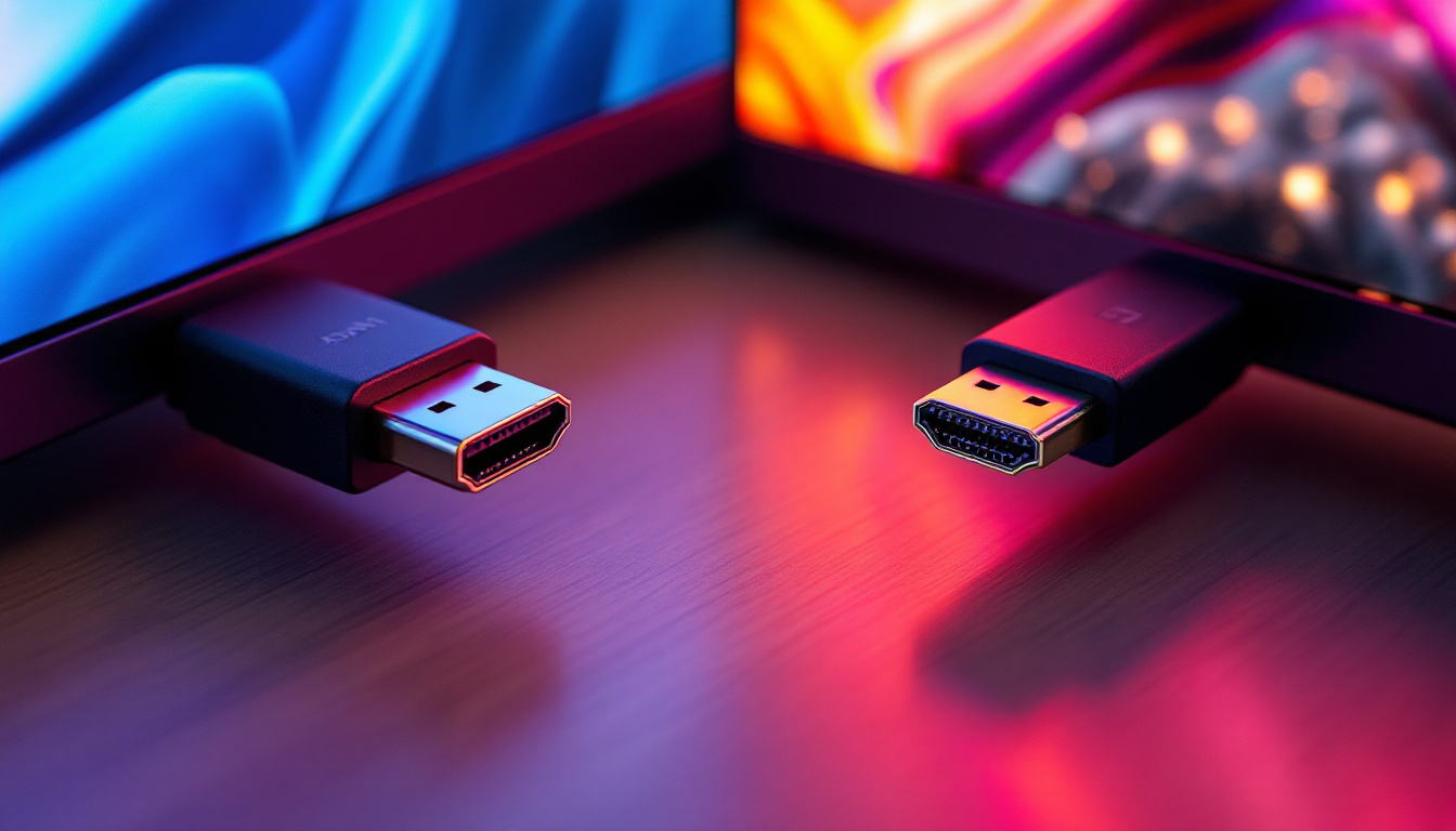 A photograph of a side-by-side comparison of a displayport and an hdmi 2.1 cable connected to a modern led display