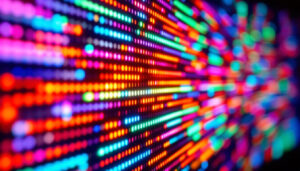A photograph of a close-up shot of a vibrant led display in action